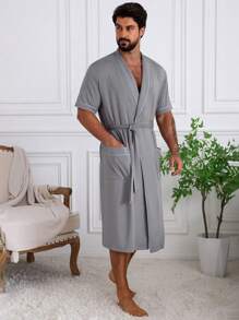 DAZY 男士纯灰色舒适抽绳设计长袍，春夏睡衣 - 灰色 - 查看 4