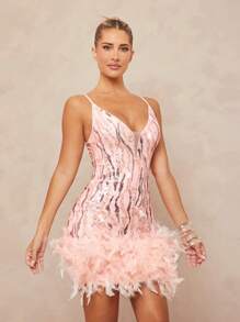 Lumalex 秋冬季优雅派对/婚礼宾客迷你连衣裙，魅力优雅，秋季新款，女士奢华舞会聚会宴会低调奢华，闪耀节日派对狂欢节郊游度假热门户外丰富层次婚礼季宴会身份证件，宰牲节派对新年时尚秋季新款女士盛大晚宴精致浪漫 - 粉色 - 查看 5