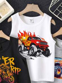 3pcs/Set Monster Truck Graphic Pack Of Casual Sleeveless Tanks For Young Boys, Summer, School, Campus, College