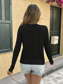 Breezaya Women Casual Solid Color Crew Neck Long Sleeve Hollow Lightweight Cardigan Fall Winter Cloth For Women - Black - View 2