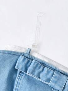 Tween Girls Y2K Stone Washed Snug Fit Skater Dress With Bow Detail, Cute Denim Overall Dress For Spring/Summer Vacation - Light Wash - View 9