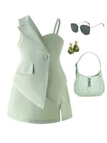 SHEIN Elladie kids 年轻女孩时尚不对称设计套装两件套，优雅女士风格绿色高端连衣裙套装 - 綠色 - 查看 3