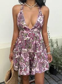 SHEIN Unity Women's Casual Bohemian Print Open Back Halter Tie Bow Wrap Dress, Fashion Resort Everyday Wear, Spring/Summer - Red Violet - View 4