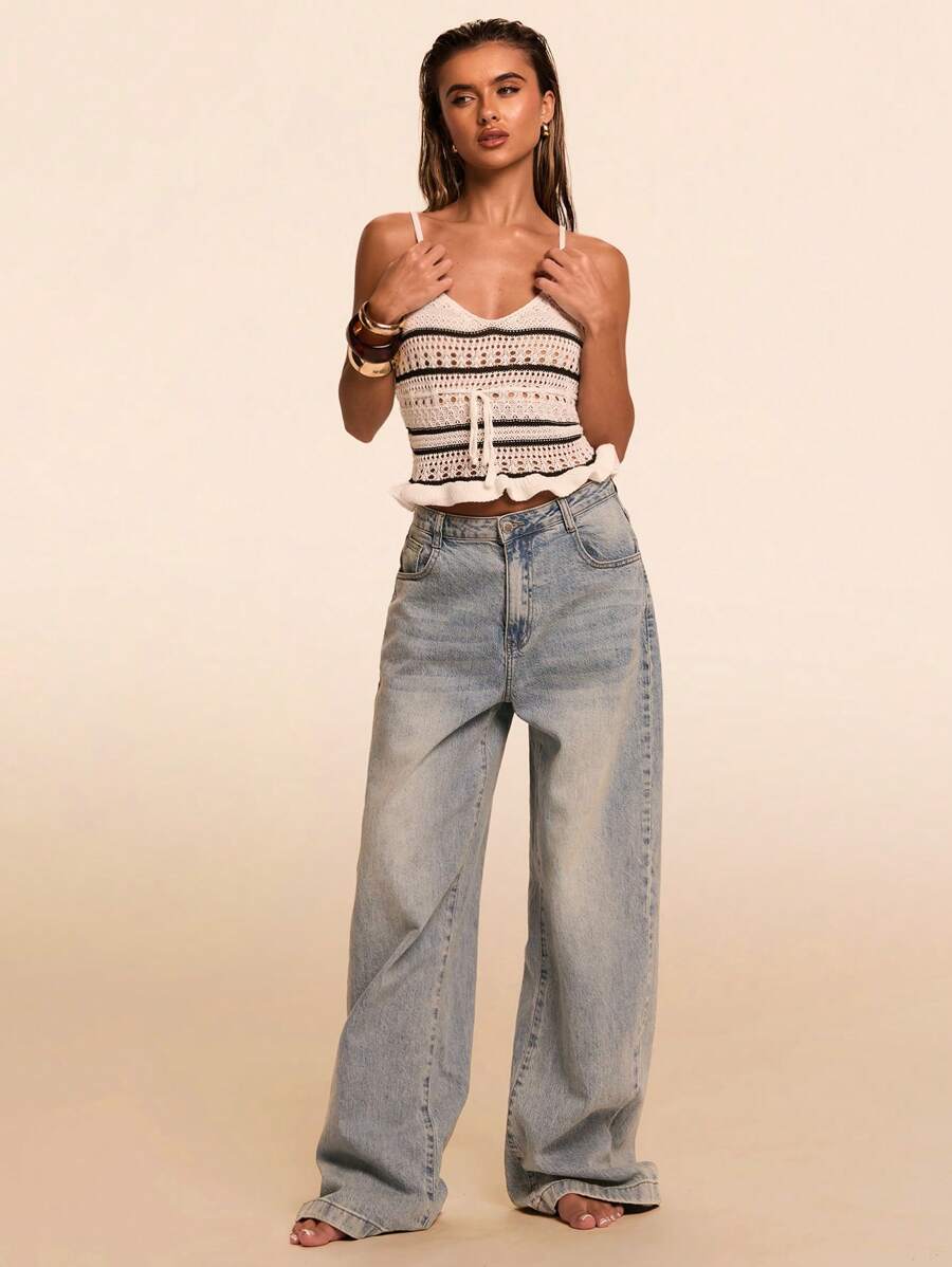 SHEIN BAE 性感V领镂空系带针织女式衬衫 - 彩色 - 查看 1