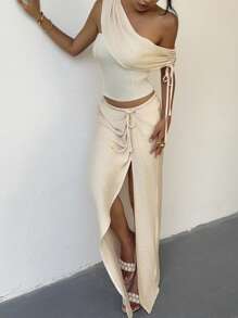 Aloruh Women Summer Solid Color Elegant Asymmetrical Shoulder Fitted Top - Apricot - View 6