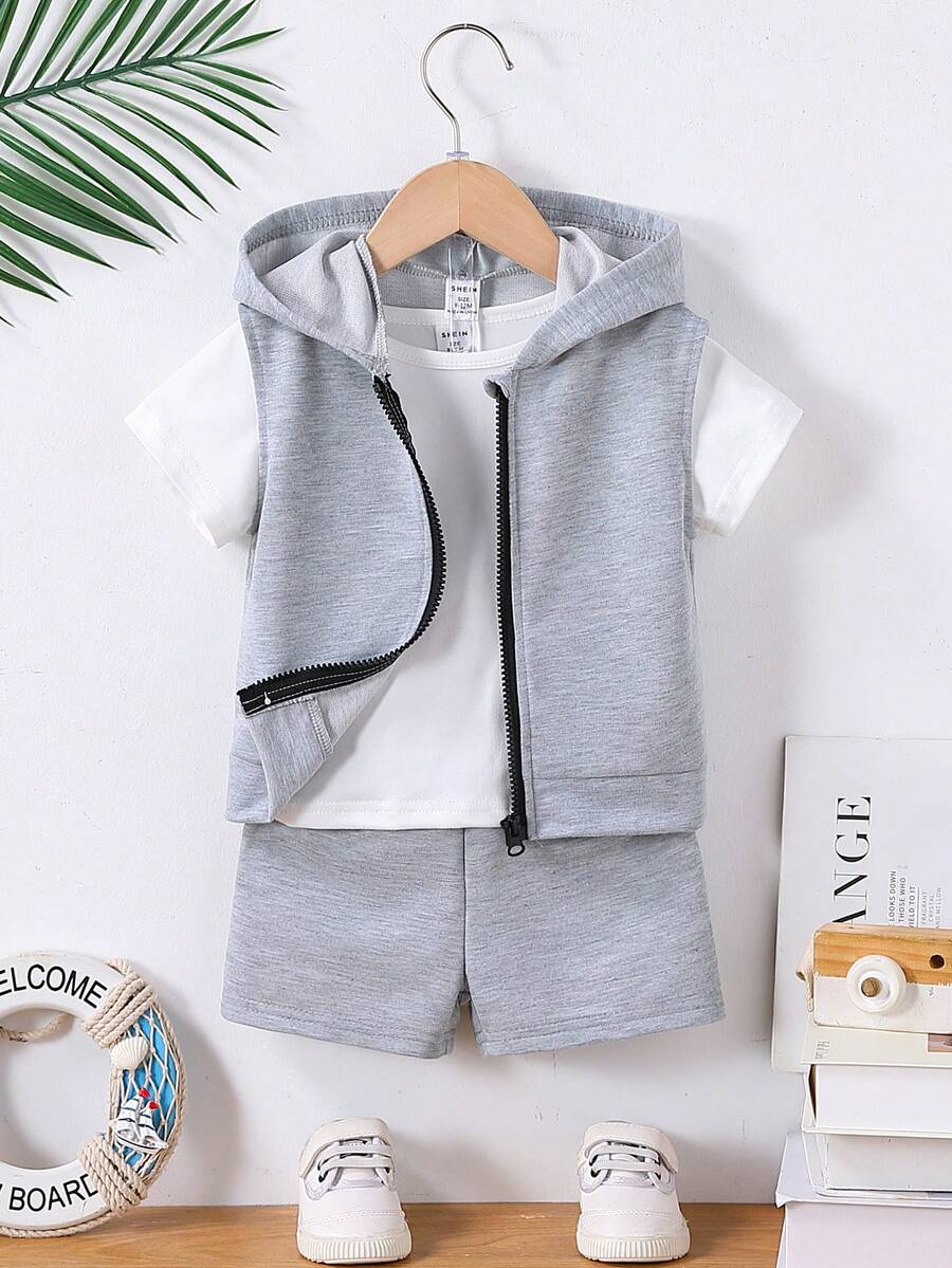 SHEIN Conjunto de ropa interior para bebé recién nacido niño: Camiseta blanca sencilla + Camiseta de manga corta + Chaleco ligero + Pantalones cortos casuales de color liso