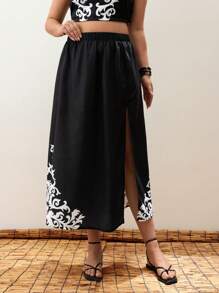 Maija Plus Size Vacation Casual Color Block Print High Slit Skirt Summer Women Vacation Beach Business Casual Woman Going Out Boho Office Festival For Rave Hawaii - Black - View 5