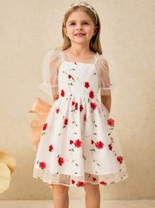 SHEIN Vestido de Malha com Manga Bufante Bordado Floral Elegante para Meninas Jovens - Multicolorido - Visão 1