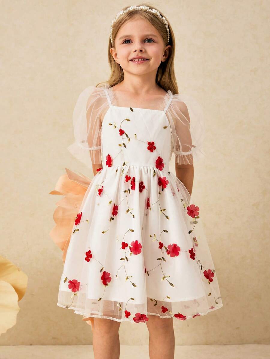 SHEIN Vestido de Malha com Manga Bufante Bordado Floral Elegante para Meninas Jovens - Multicolorido - Visão 1