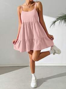 SHEIN EZwear 女士梭织度假宽松吊带娃娃裙，浅粉色 - 藕粉色 - 查看 3