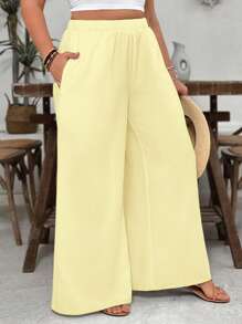 SHEIN VCAY 加大码纹理面料白色口袋宽松休闲阔腿裤，度假装，情人节 - 奶油色 - 查看 4