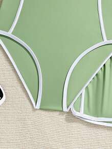 SHEIN 女童清新绿色简约甜美纯色连体泳衣和泳裤 - 綠色 - 查看 5