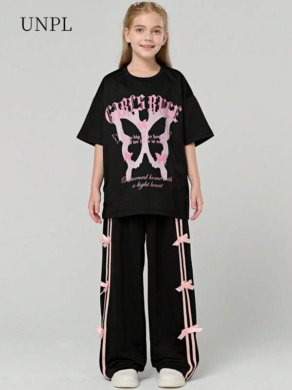 SHEIN 2 pezzi set estivo di Maglietta casual con stampa di farfalla e lettera e pantaloni con fiocco decorativo, abbigliamento da ragazza per attività all'aperto
