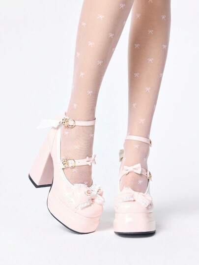 Kawaii أحذية جون جون ذات كعب عالي بطرف مغلق باللون الوردي، أحذية نسائية ذات كعب عالي منصة مقاومة للماء، بشريط وفيونكة على الطراز الجوتيكي الحلو