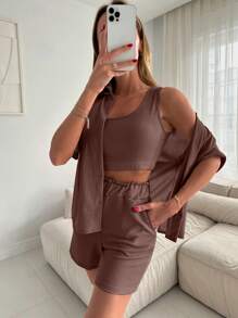 EURMUSE Conjunto feminino de camisola de cor sólida, camisa de manga curta e shorts - Castanho - Ver 3