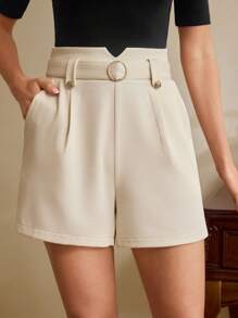 Vintamour Pantalones cortos elegantes y retro para mujer, de cintura alta con cordón, sueltos y con bolsillos, blancos, con botón de decoración metálica, para primavera/verano