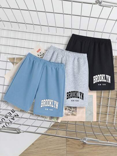 SHEIN Leap Crew 青少年男孩休闲简约时尚经典城市名称布鲁克林印花多件装短裤，适合夏季