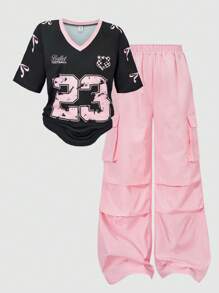 SHEIN 2pcs Tween Girls American Style Patchwork Short Sleeve Graphic Tee And Cargo Pants Outfit Set