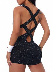 Easithlete 女式V领亮片网眼交叉后背健身连体裤 - 黑色 - 查看 3