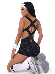 Easithlete 女式V领亮片网眼交叉后背健身连体裤 - 黑色 - 查看 6