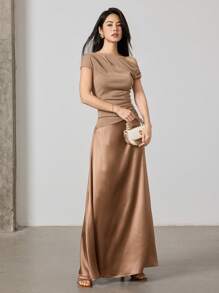 Heiryn Váy chắp vá màu trơn thanh lịch cho nữ - Màu Khaki - Xem 5