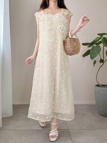 FRIFUL Women's Holiday Splicing Chiffon Mesh Strap Rose Flower Decor Straight Hem 2 In 1 Sweet Cream Yellow Long Dress, Ladies Summer Outfit, Graduation Dress, Wedding Guest Dress