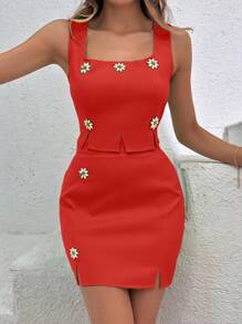 EURMUSE LUNE Square Neck Flower Embellishment Solid Color Top & Mini Skirt Two Pieces Summer Set - Red - View 5