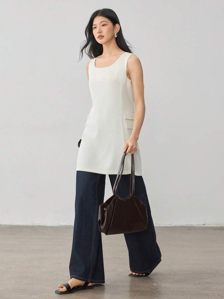 Women's Summer Casual Business Commute Elegant Large Pocket Decorated Waistcoat Dress Suit Top, Solid Color Simple Long Top