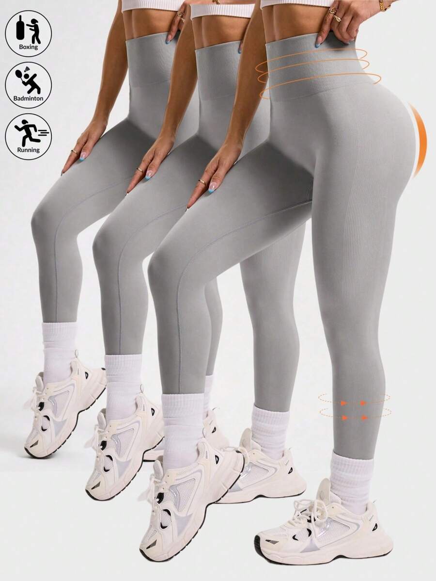 SHEIN Velisys Quần legging thể thao cạp cao co giãn kiểm soát bụng màu trơn cho nữ - Xám - Xem 1