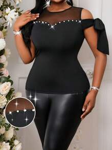 SHEIN Lady Plus Size Spring And Summer Elegant Commuting Office Wedding Cocktail Party Concert/Music Festival Black Knitted Knitted Beaded Big Bow Contrast Mesh Short Sleeve Top - Black - View 3