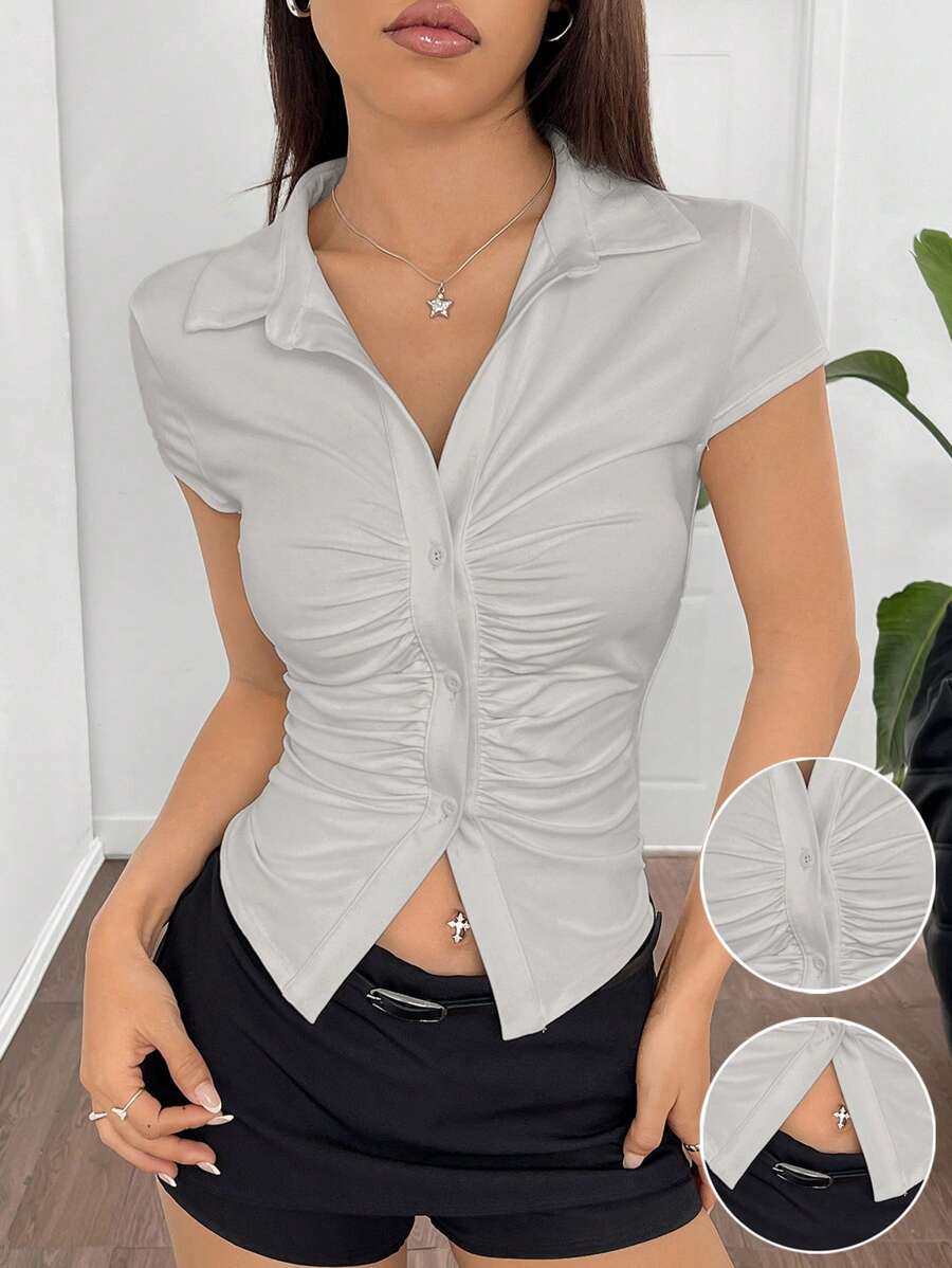 SHEIN EZwear 灰色褶饰单排扣修身短袖 T 恤，夏季 - 灰色 - 查看 1