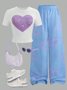 SHEIN 2pcs/Set Teenage Girls Casual Heart Graphic T-Shirt + Heart Print Wide Leg Pants, Elegant Leisure Outfit For Spring, Summer, Autumn, Holiday, School Young Girls Sets Outfit Set Teen
