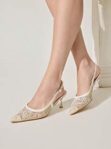 CUCCOO CHICEST 时尚尖头米色刺绣网眼珍珠派对优雅后背系带细高跟女鞋