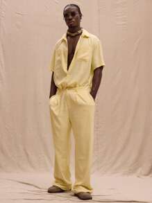Musero Men Straight Leg Linen Pleat Trouser Spring, Summer, Holiday - Yellow - View 1
