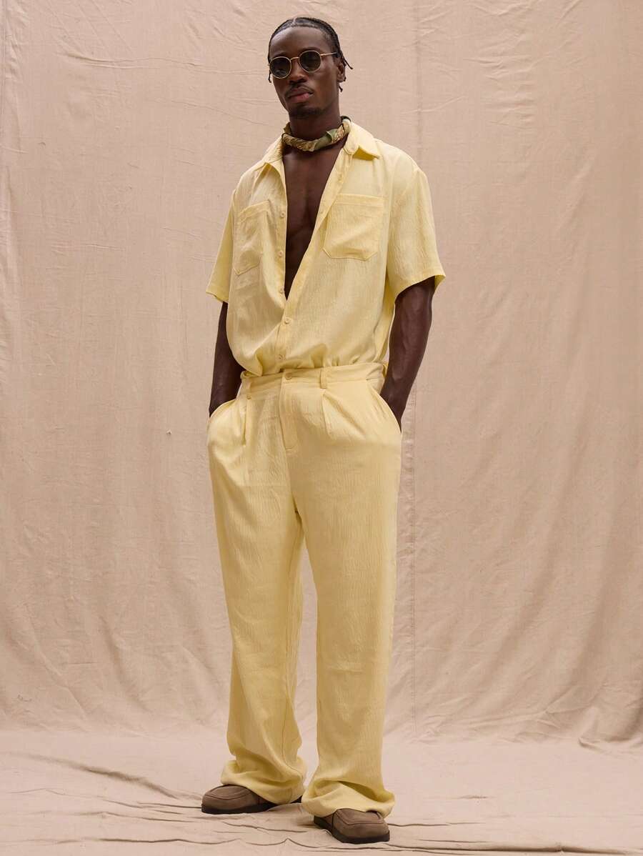 Musero Men Straight Leg Linen Pleat Trouser Spring, Summer, Holiday - Yellow - View 1
