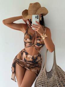 Swim SXY Đồ bơi một mảnh hở vai chéo cho nữ có họa tiết in toàn thân, kết hợp với váy - màu nâu - Xem 1