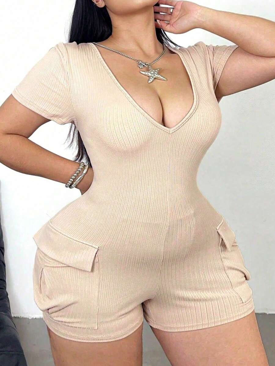 Flirla Fashion Athletic Casual V-Neck Textured Fabric Utility Pockets Stretch Jumpsuit - Khaki - View 1