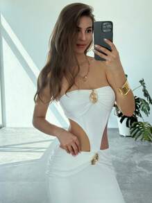 Aloruh Vestido largo de tirantes sin espalda con decoración metálica en unicolor para mujer - Blanco - Ver 6