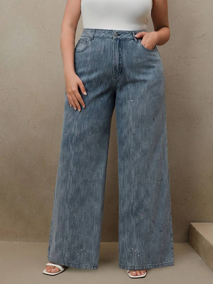 Anewsta Vaqueros casuales sueltos y con vuelos para mujer talla grande, con decoración de lentejuelas - Azul - Ver 1