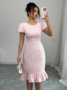 SHEIN PETITE 标准尺寸女士优雅串珠灯笼袖中长连衣裙 - 粉色 - 查看 6