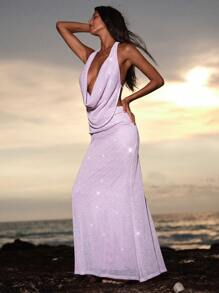 Opulessa Sommerliches langes Kleid für Frauen in lila Einfarbig mit Perlen, gestrickt, drapierter Ausschnitt, ärmelos, rückenfreies Design, Sommeroutfits für Frauen, Sommerkleider für Frauen