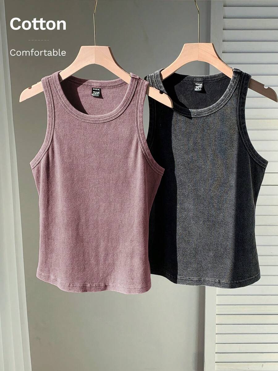 Comfortcana 两件套复古做旧双色酸洗针织女式无袖毛衣套装 棉质 - 淺灰紫 - 查看 1