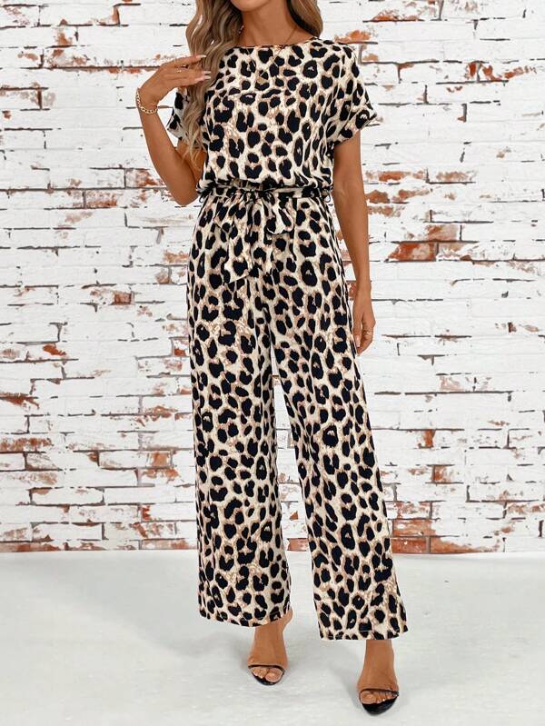 SHEIN Clasi Set de pantaloni largi, cu mânecă scurtă, cu gât turnu, cu mânecă scurtă, cu talie cu fundă și imprimeu leopard, ținută elegantă de zi cu zi, primăvară/vară