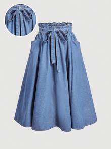 SHEIN MOD Blue Plus Size Denim Skirt Sweet Long Skirt Bow Waistband Elastic Waistband Sweet And Elegant Skirt - Light Wash - View 1