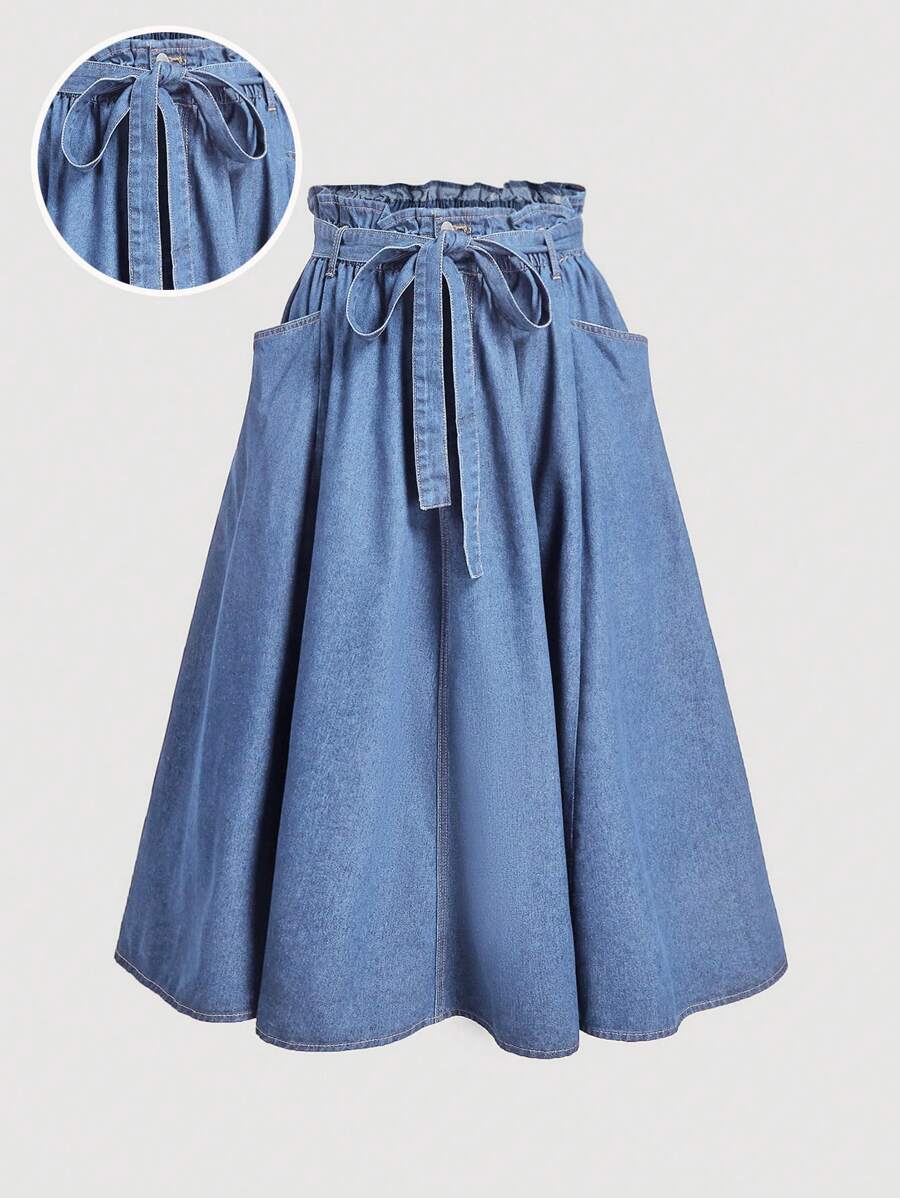 SHEIN MOD Blue Plus Size Denim Skirt Sweet Long Skirt Bow Waistband Elastic Waistband Sweet And Elegant Skirt - Light Wash - View 1