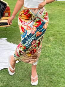 SHEIN EZwear 夏季水果字母印花修身加大码休闲半身裙，适合外出、约会、度假、日常穿着 - 彩色 - 查看 4