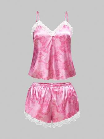 Fairycore Conjunto de pijama informal de talla grande con top de encaje y satén estampado con flores tropicales de hibisco para verano