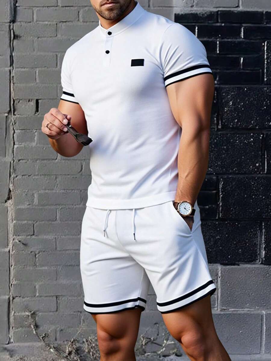 Manfinity Homme Men 2 Pieces Set: Contrast Tape Polo Shirt & Drawstring Waist Solid Shorts - White - View 1