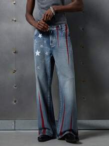 NEON BLANC Men's Street Style Loose-Fit Flared Leg Denim Jeans For Fourth Of July/4th Of July, Streetwear Style - Blue - View 2