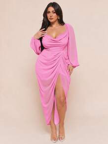 SHEIN BAE Váy xẻ tà cổ xếp nếp đính sequin lấp lánh thanh lịch cỡ lớn dành cho nữ, tay dài, màu xanh bạc hà - Hồng - Xem 1